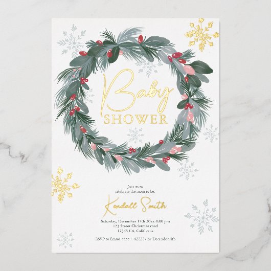 Baby shower blauwe rode florale kerstmug folie uitnodiging (Voorkant)