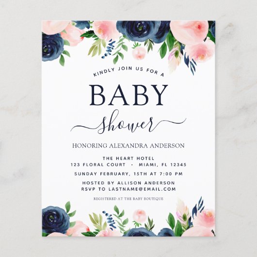 Baby shower Blauwe Roze Floral Uitnodigingen (Voorkant)