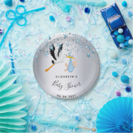 Baby shower blauwe sterren ooievaar papieren bordje
