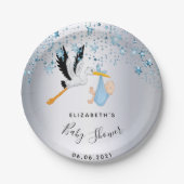 Baby shower blauwe sterren ooievaar papieren bordje (Voorkant)