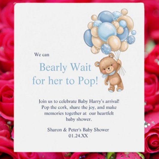 Baby shower blauwe teddybeer wijn etiket