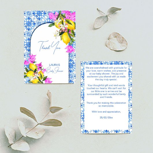 Baby shower Blauwe Tegels Lemons bougainvillea Bedankkaart