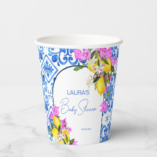 Baby shower Blauwe Tegels Lemons bougainvillea Papieren Bekers (Achterkant)