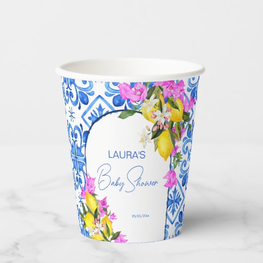 Baby shower Blauwe Tegels Lemons bougainvillea Papieren Bekers (Voorkant)