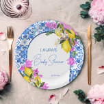 Baby shower Blauwe Tegels Lemons bougainvillea Papieren Bordje<br><div class="desc">Blue Tegels Lemons en Bougainvillea elegant Mediterraan Grieks Italiaans Santorini Mykonos thema baby shower sjabloon partij borden gepersonaliseerd baby shower servies</div>
