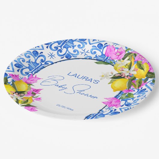 Baby shower Blauwe Tegels Lemons bougainvillea Papieren Bordje (Gekanteld)