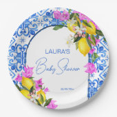 Baby shower Blauwe Tegels Lemons bougainvillea Papieren Bordje (Voorkant)