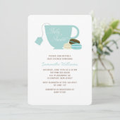 Baby shower Blauwe Thee Cup en Macarons Kaart (Staand voorkant)