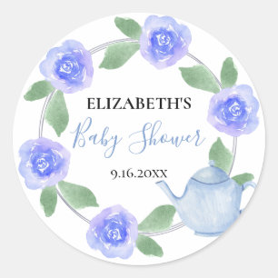 Baby Shower Blauwe Theepot Bloemige Baby Jongen is Ronde Sticker