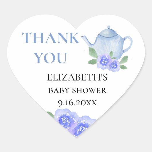 Baby Shower Blauwe Theepot Bloemige Thee Feest Bed Hart Sticker (Voorkant)