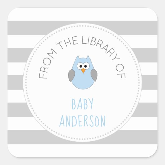 Baby shower blauwe uil BOEK sticker, jongen bookpl Vierkante Sticker (Voorkant)