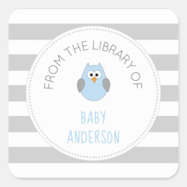 Baby shower blauwe uil BOEK sticker, jongen bookpl Vierkante Sticker
