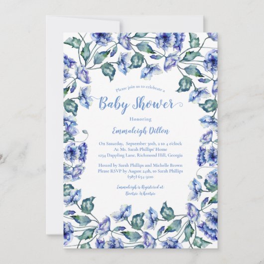 Baby shower Blauwe Waterverf Bloemen Kaart (Voorkant)