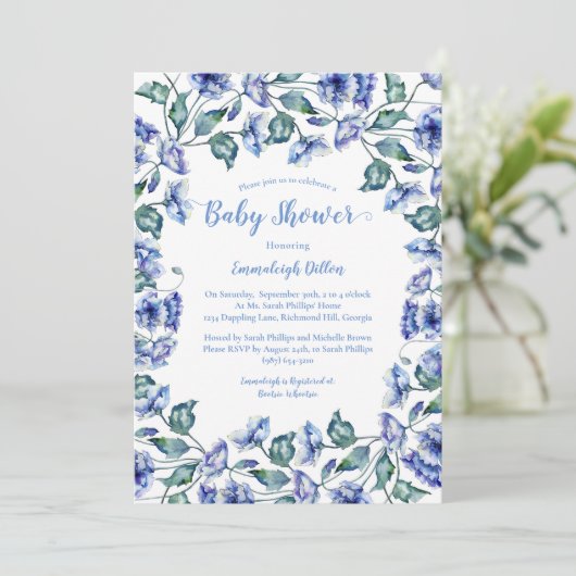 Baby shower Blauwe Waterverf Bloemen Kaart (Staand voorkant)