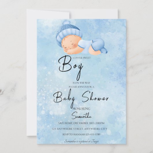 Baby shower Blauwe Waterverf Kaart (Voorkant)