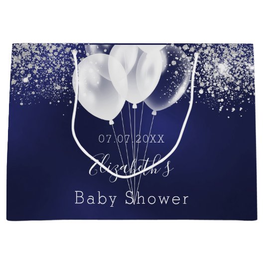 Baby shower blauwe witte glitterballonnen groot cadeauzakje (Voorkant)