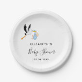 Baby shower blauwe witte ooievaar papieren bordje (Voorkant)