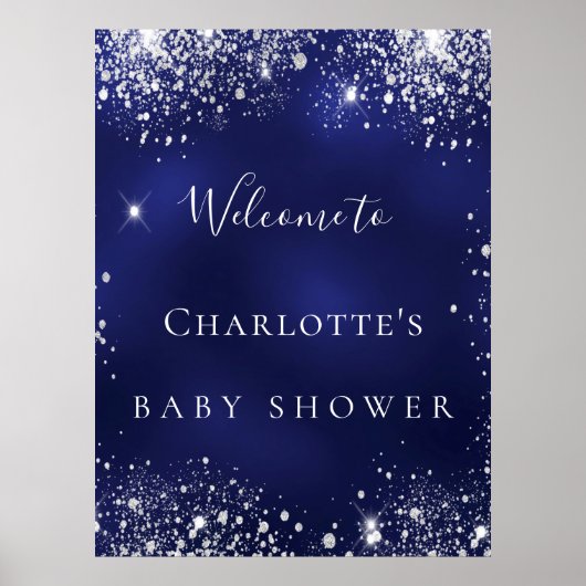 Baby shower blauwe zilverglitter welkom poster (Voorkant)