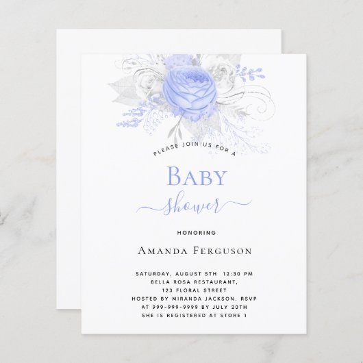 Baby shower blauwe zilverwitte flora (Voorkant / Achterkant)