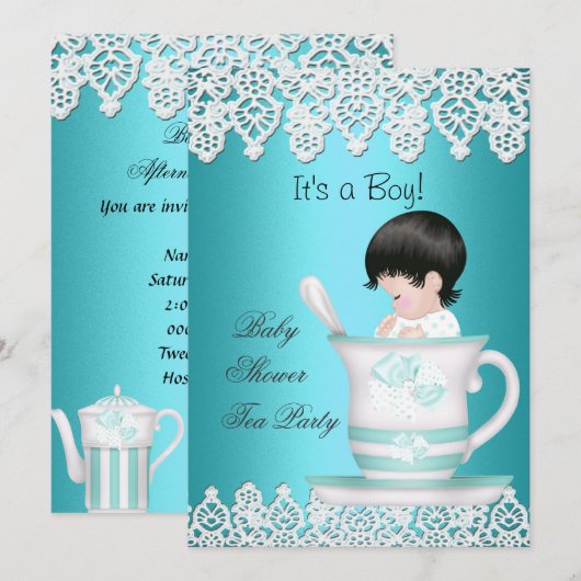  Baby shower Blauwgroen Baby Teacup kant Kaart (Voorkant / Achterkant)