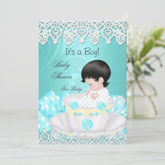  Baby shower Blauwgroen Baby Teacup kant Kaart (Staand voorkant)