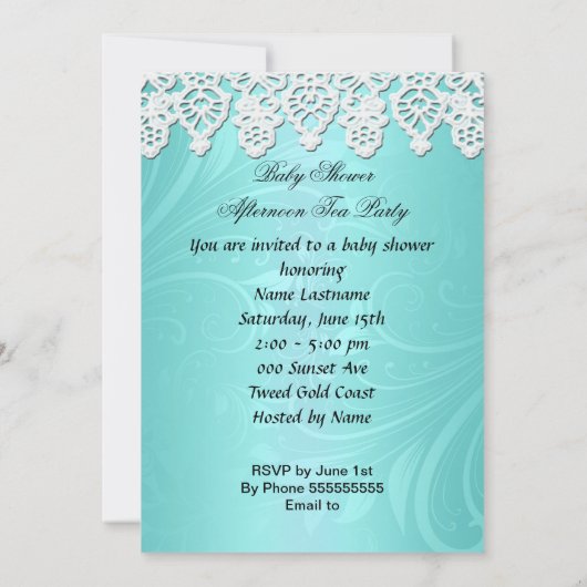  Baby shower Blauwgroen Baby Teacup kant Kaart (Achterkant)