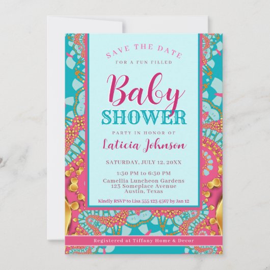 Baby shower ・ Blauwgroen blauw en roze modern Abst Kaart (Voorkant)