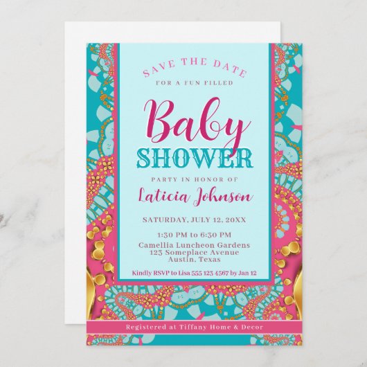 Baby shower ・ Blauwgroen blauw en roze modern Abst Kaart (Voorkant / Achterkant)