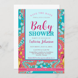 Baby shower ・ Blauwgroen blauw en roze modern Abst Kaart