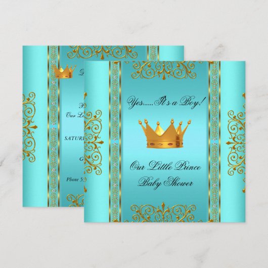 Baby shower Blauwgroen Blue Gold Boy Prince Crown Kaart (Voorkant / Achterkant)