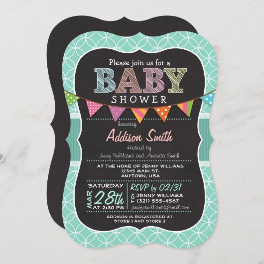 Baby shower; Blauwgroen cirkels met Uitnodiging to (Voorkant / Achterkant)