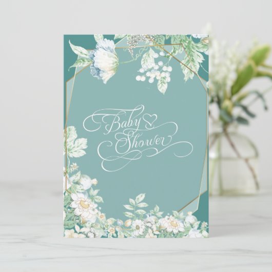 Baby Shower | Blauwgroen wilde bloemen bessen geom Kaart (Staand voorkant)