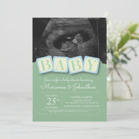 Baby shower Blocks Jongen Pset Ultrasound Foto Inv Kaart (Staand voorkant)