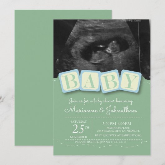 Baby shower Blocks Jongen Pset Ultrasound Foto Inv Kaart (Voorkant / Achterkant)