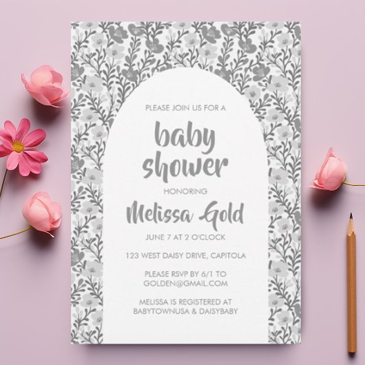 BABY SHOWER Bloemboog Grijs Bloempatroon AANPASBAA Kaart