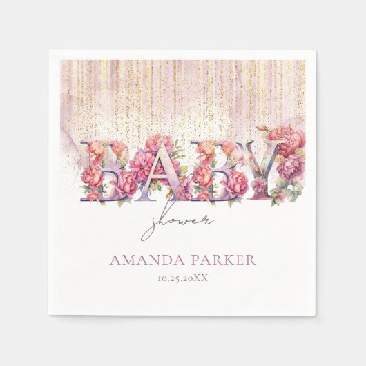 Baby shower Bloemen Letters Roze Goud Gepersonalis Servet (Voorkant)
