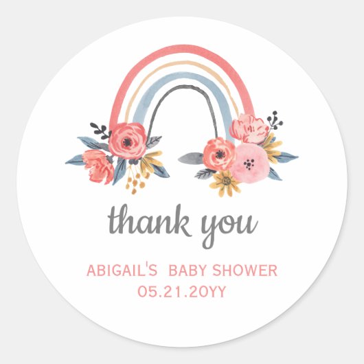 Baby shower Bloemen Regenboog Dank u Favor Ronde Sticker (Voorkant)