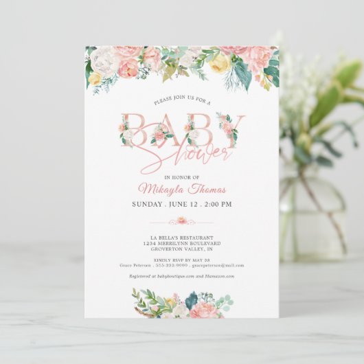 Baby shower Bloemen Roos Goud Roze Blush Typografi Kaart (Staand voorkant)