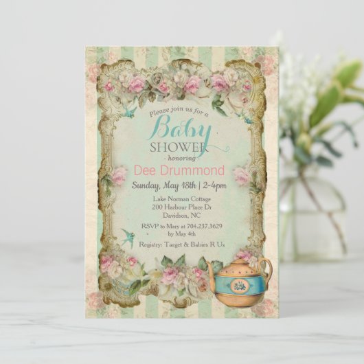  Baby shower Bloemen Thee Uitnodiging (Staand voorkant)