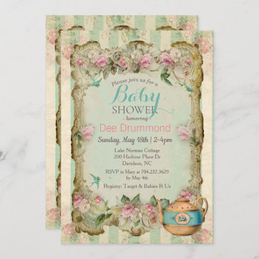  Baby shower Bloemen Thee Uitnodiging (Voorkant / Achterkant)