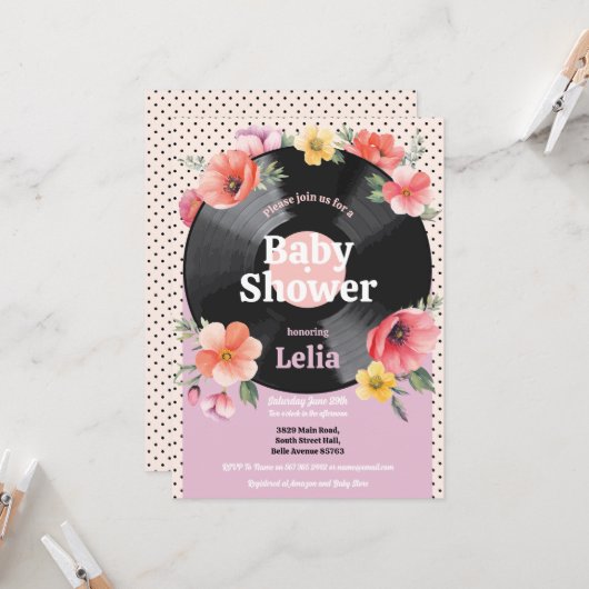 Baby shower Bloemen Zomer Record Music Party Kaart (Voorkant / Achterkant in situ)
