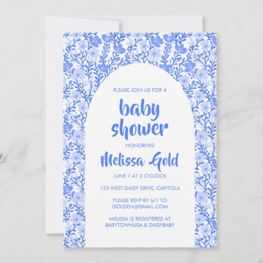 BABY SHOWER Bloemenboog Blauw Bloempatroon CUSTOM Kaart (Voorkant)