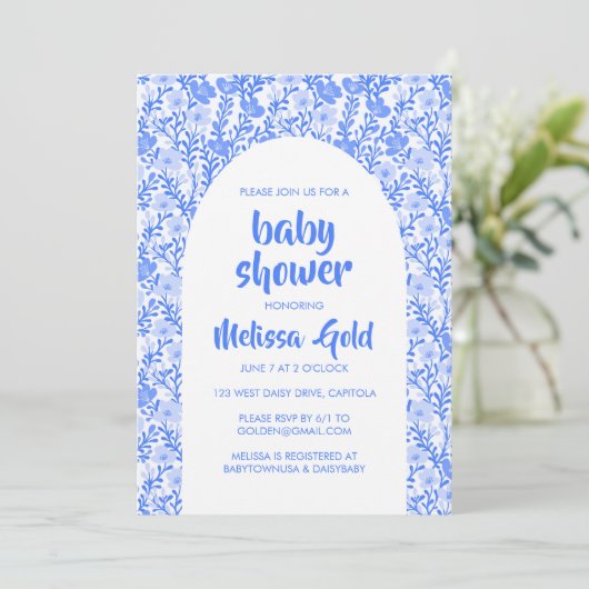 BABY SHOWER Bloemenboog Blauw Bloempatroon CUSTOM Kaart (Staand voorkant)