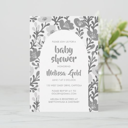 BABY SHOWER Bloemenboog Grijs Bloempatroon CUSTOM Kaart (Staand voorkant)