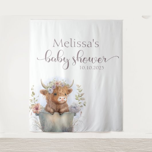 Baby shower bloemenhoogland koe Achtergrond Wandkleed (Voorkant)