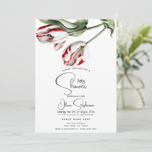 Baby shower| Bloemenrood en wit Rembrandt Tulpen Kaart (Staand voorkant)