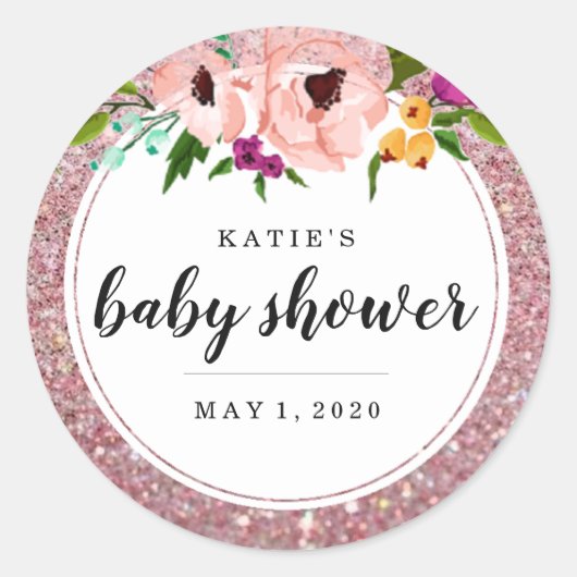Baby shower bloemkroon glitter roze Paarse Ronde Sticker (Voorkant)