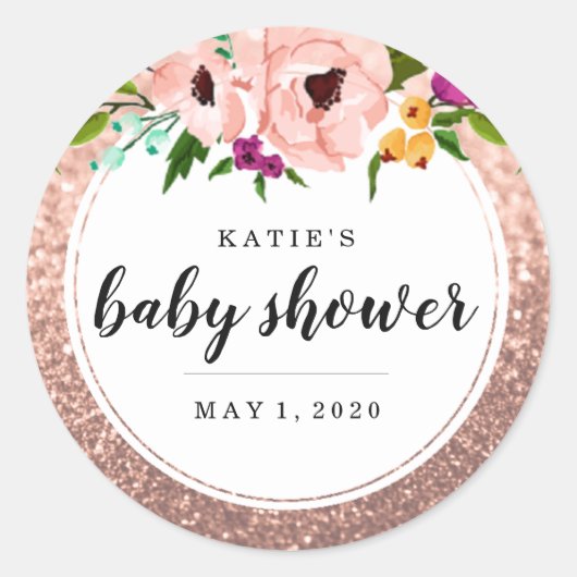 Baby shower bloemkroon glitter roze roségoud ronde sticker (Voorkant)