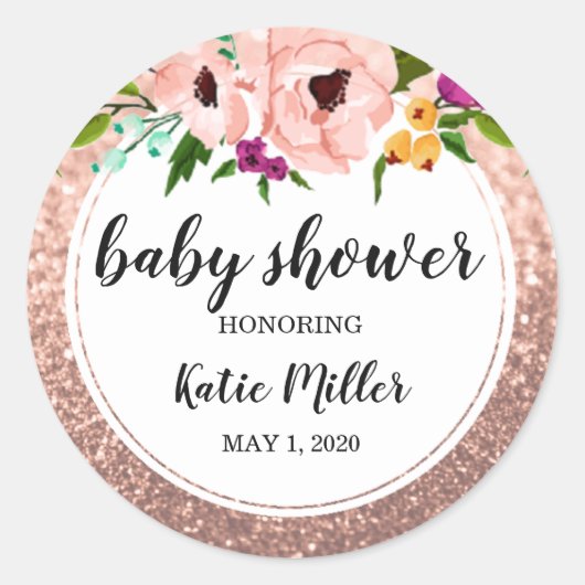 Baby shower bloemkroon glitter roze roségoud ronde sticker (Voorkant)