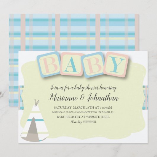 Baby Shower Blokken Boho Tribal Geruit Uitnodiging (Voorkant / Achterkant)